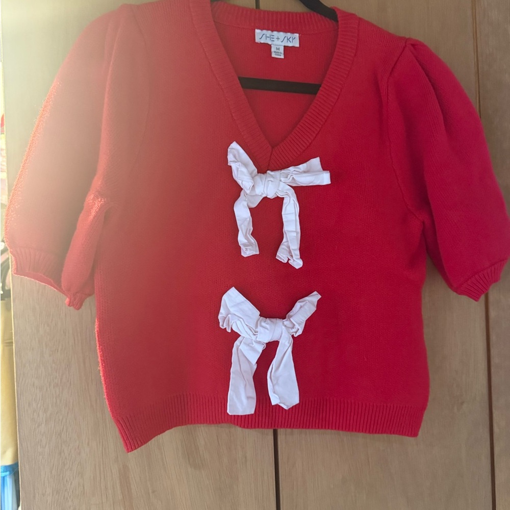 She + Sky V-Neck Red Sweater with White Bow Accents